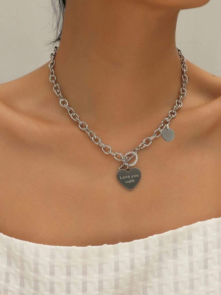 Collier coeur argent grosses mailles entremelees