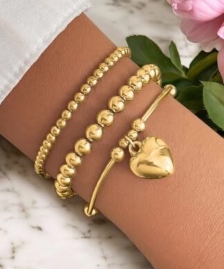 Set de bracelets dorés pour femme avec perles rondes polies et pendentif cœur, style romantique et élégant